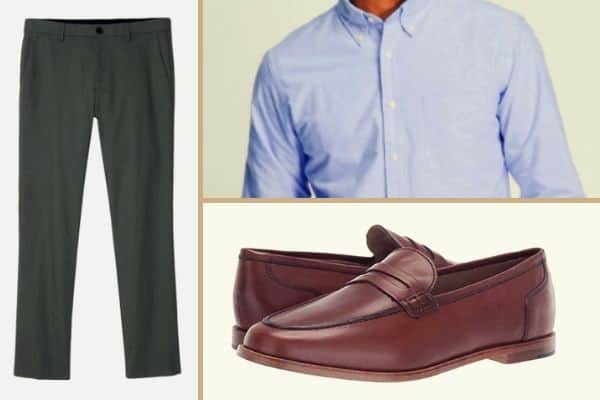 Blue OCBD paired with olive chinos and brown leather loafers