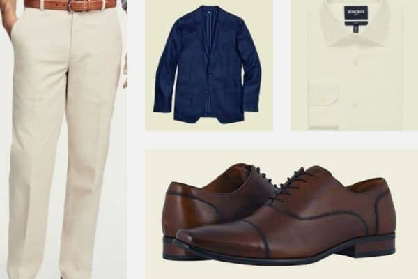 Navy blazer with stone chino and white dress partnered with brown oxford shoes