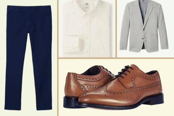 White OCBD and blue chinos with gray sports coat and brown derby shoes