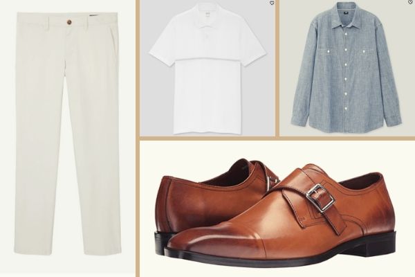 white polo shirt with soft gray chino and chambray overshirt, paired with a single monkstrap shoes