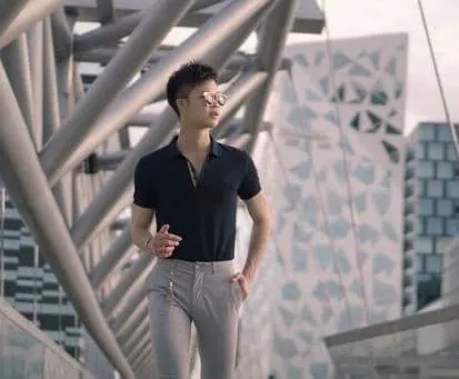 black polo shirt with chinos
