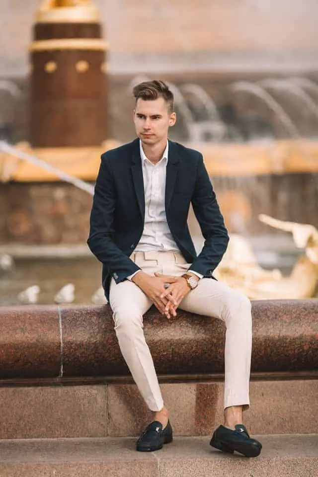What Pants To Wear With Loafers? A Guide to Choosing Pants to Wear! 4 black bit loafers with smart casual blazer and chinos unsplash.jpg