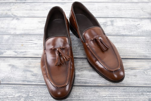 example of a brown leather tassel loafers