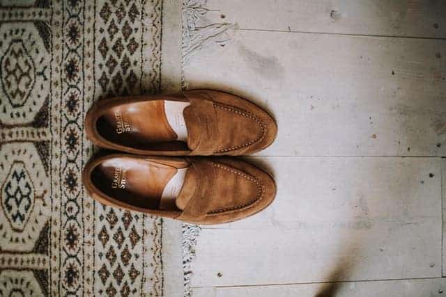 example of a brown suede penny loafers