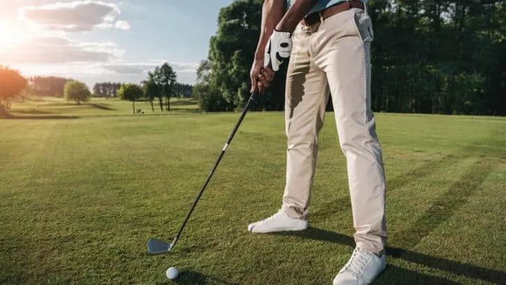 man playing golf in chinos (deposit photos)