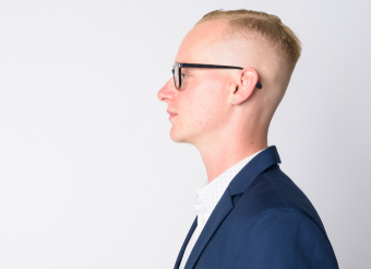 blonde crew cut with glasses