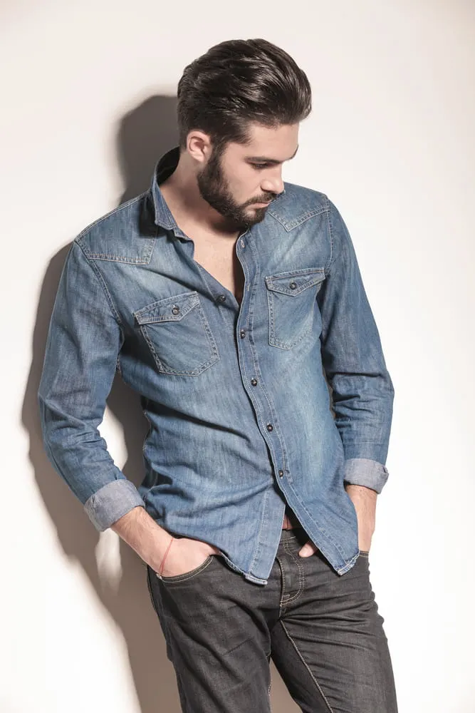 example of blue denim shirt and black jeans 