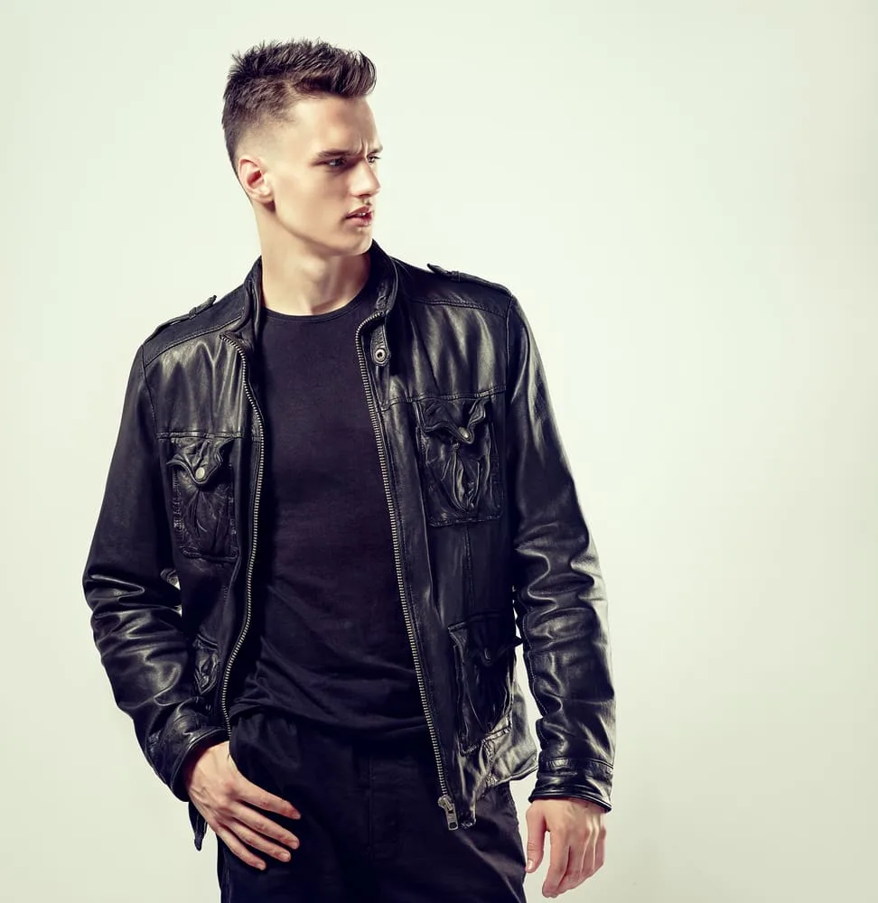 black leather jacket with black t-shirt