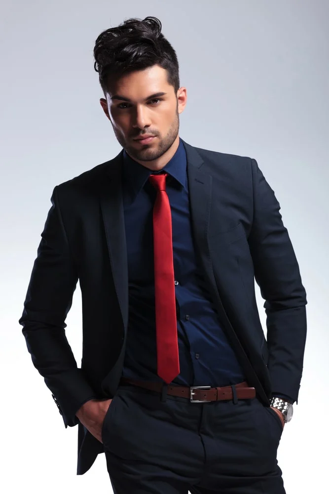 black shirt red tie and blazer 