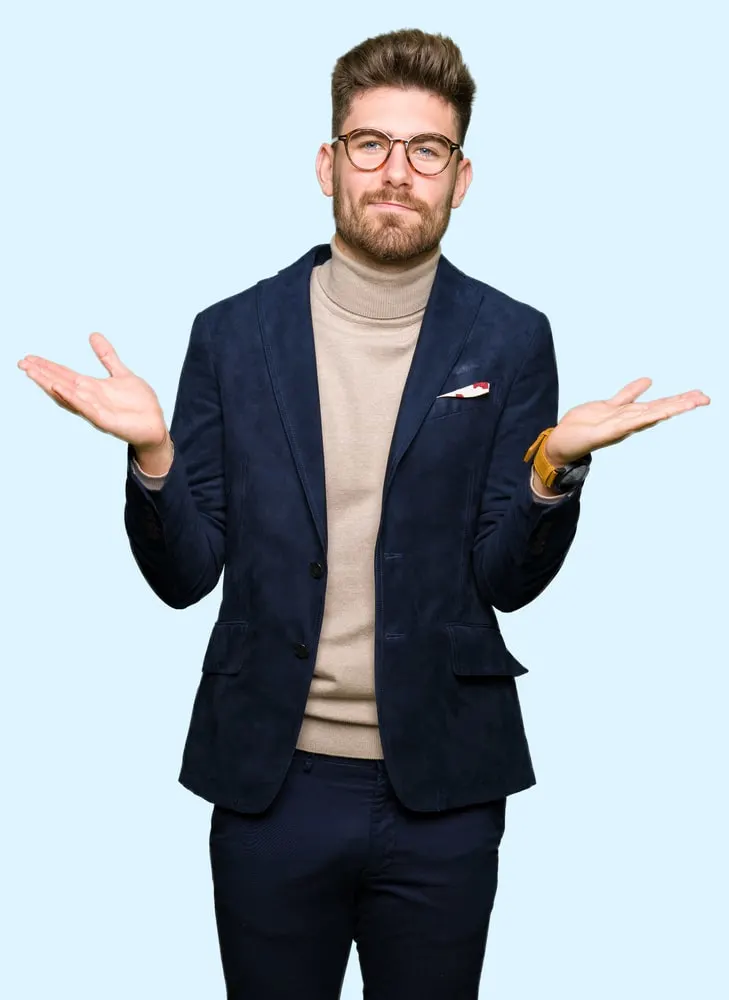 dark blazer with tan brown turtleneck