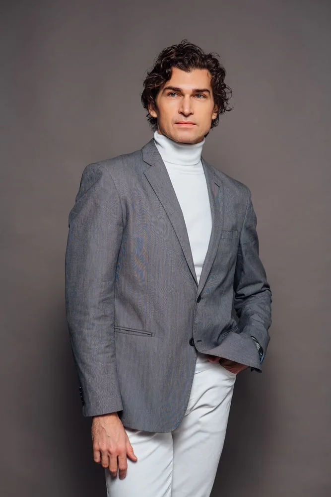  grey blazer with white turtleneck