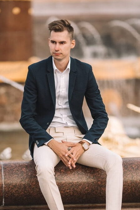 khaki pants grey suit jacket