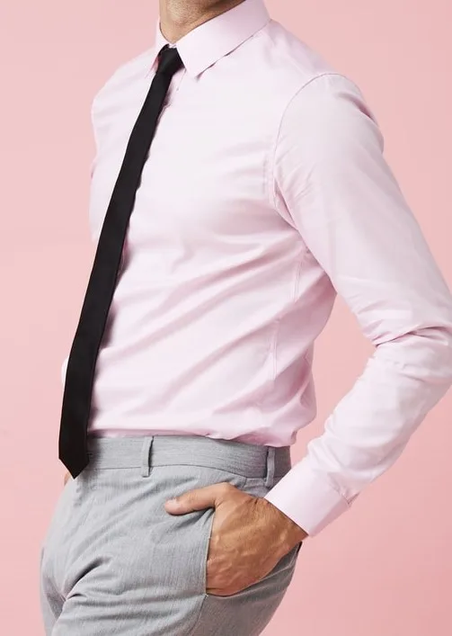 pink shirt and grey pants