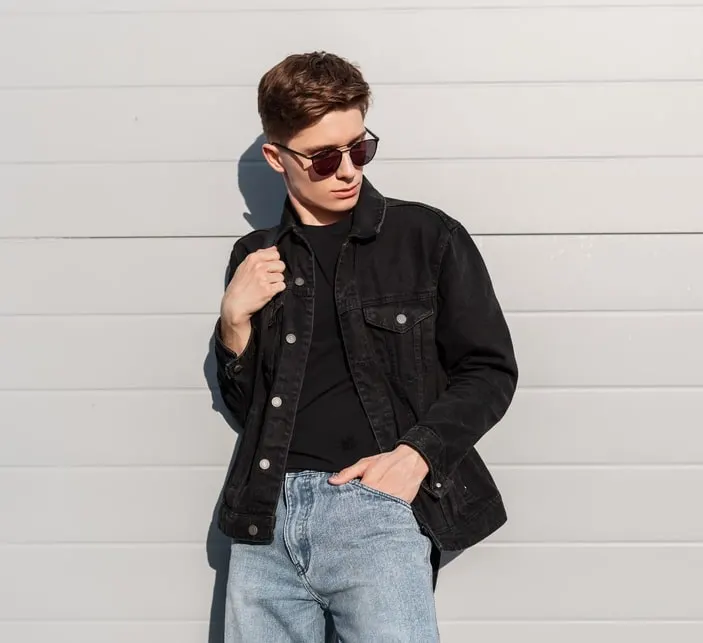 Blue denim jacket with black denim jeans sale