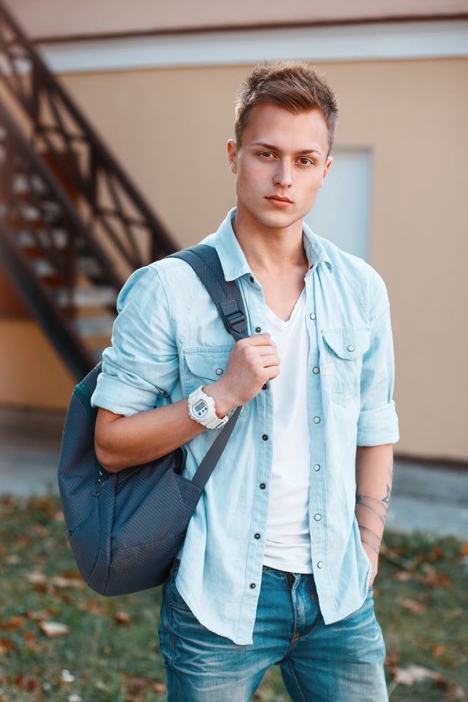 blue layered shirt and jeans