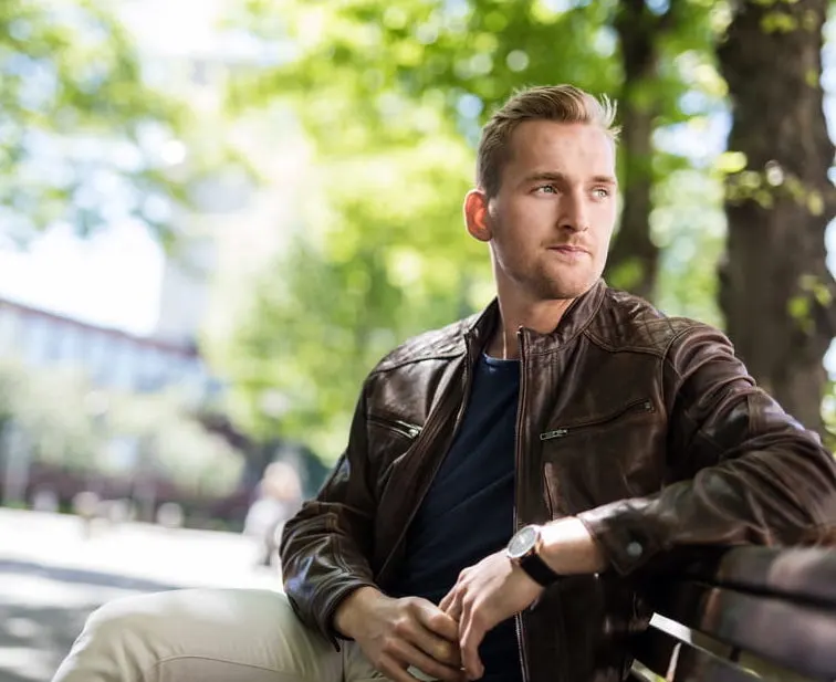 brown leather jacket and t-shirt