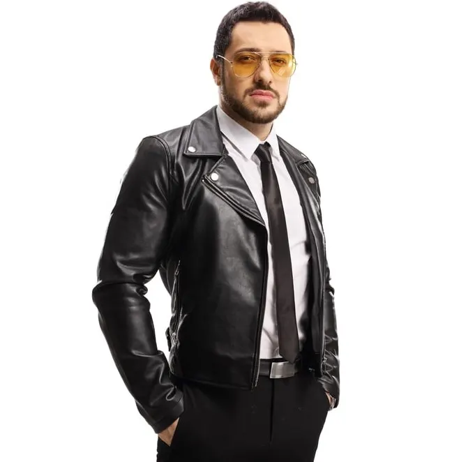 leather jacket over black suit