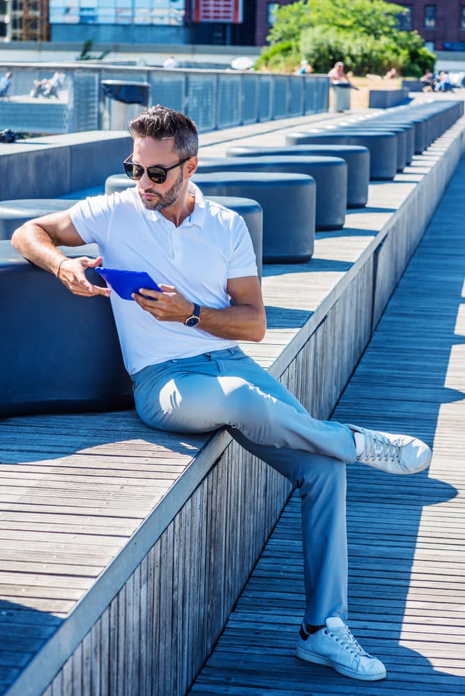  light blue pants and white shirt