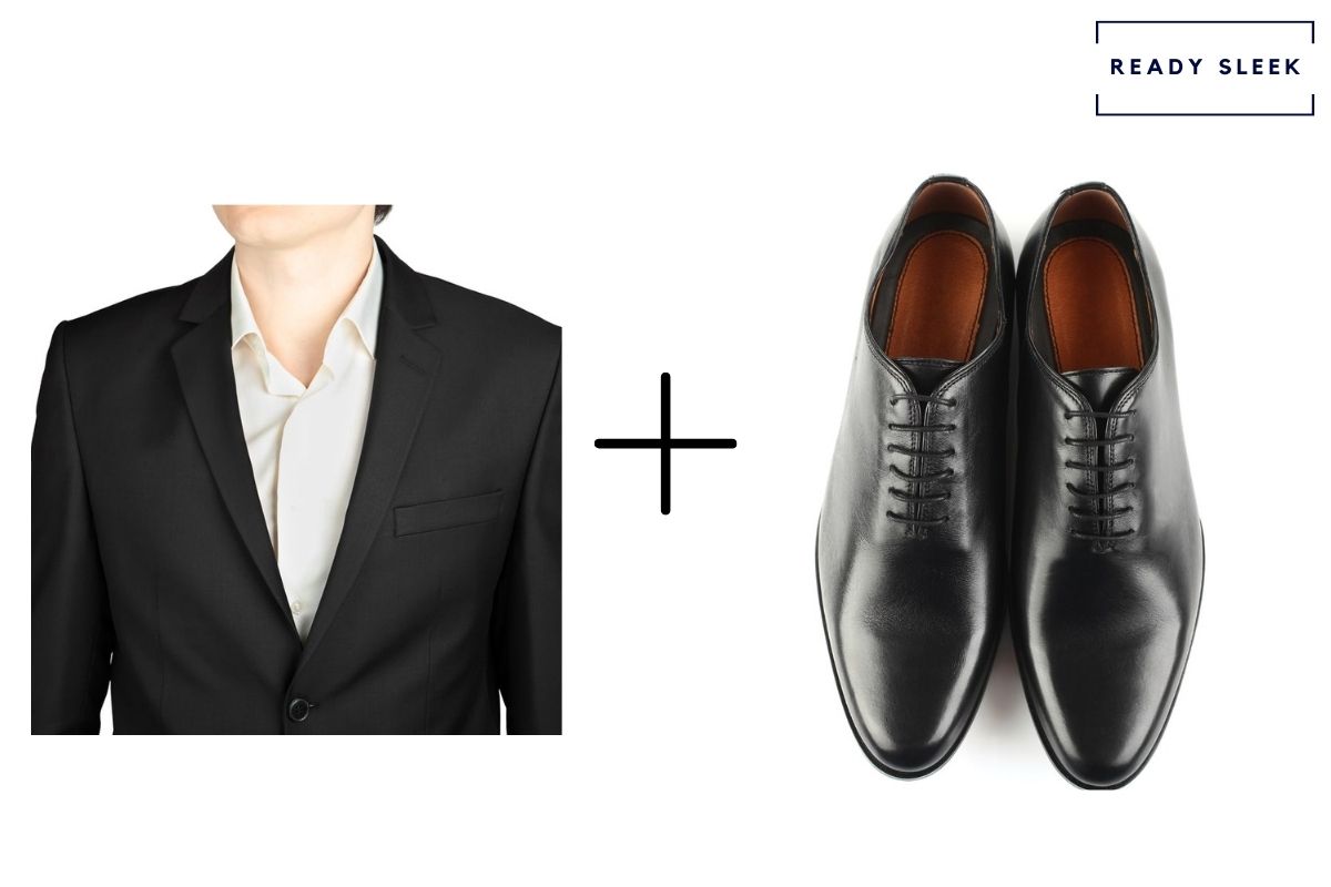 black suit and black oxford shoes