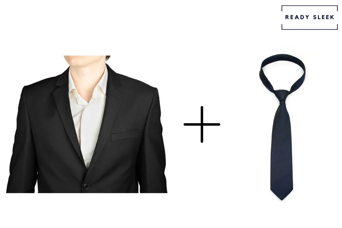 blue suit black shirt white tie