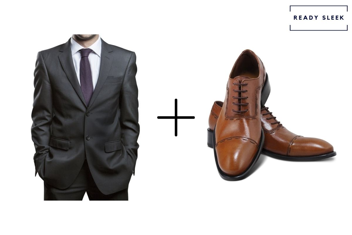 charcoal suit with light brown cap toe