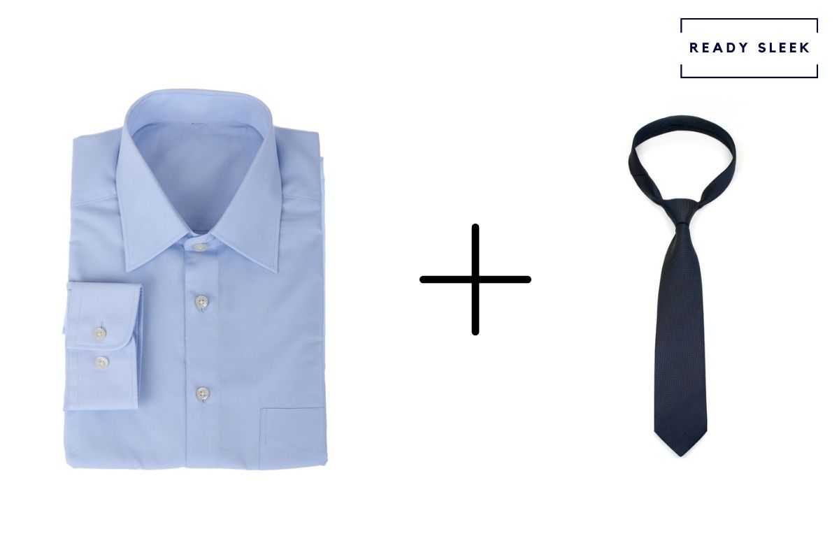 light blue shirt with navy blue tie