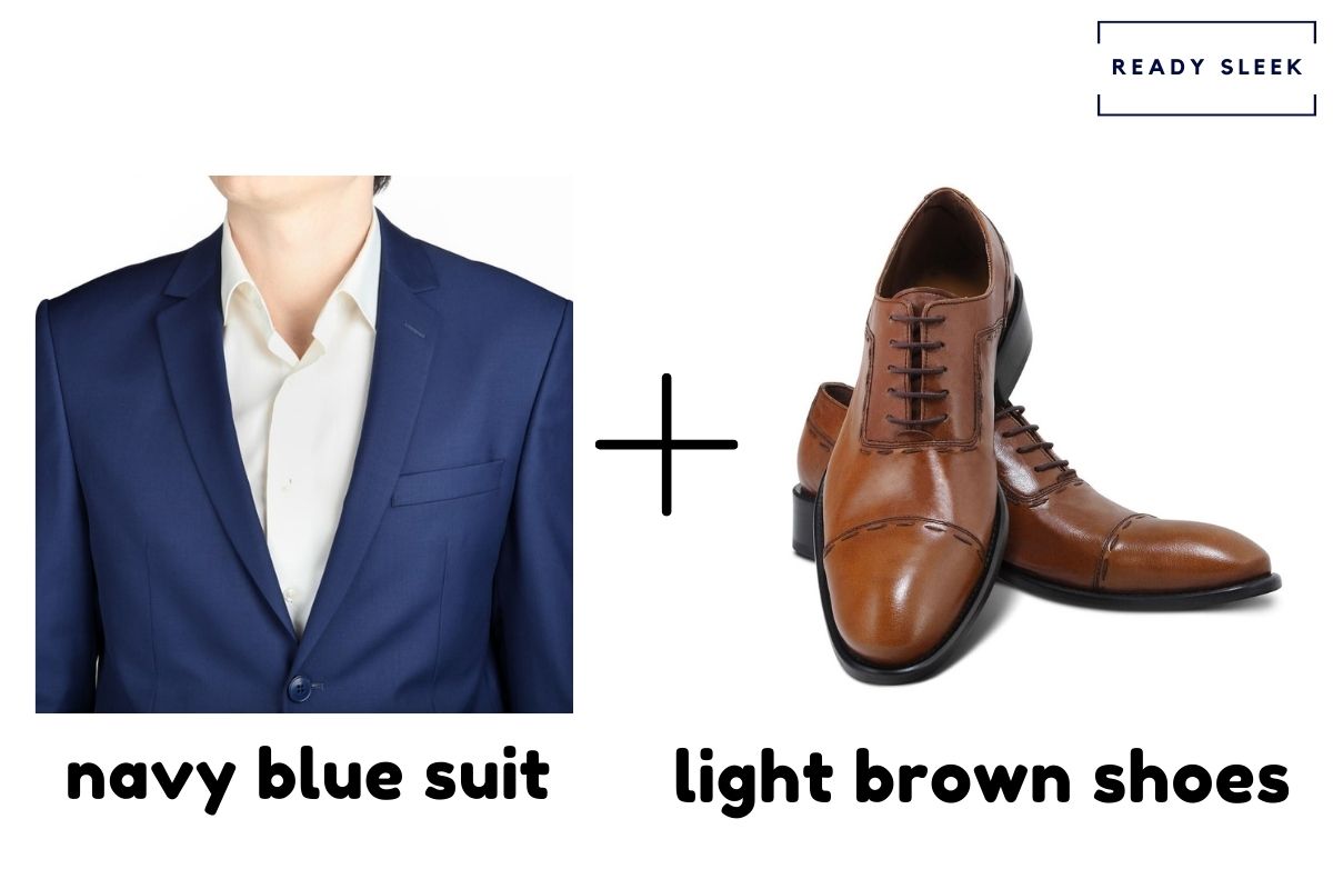 navy suit with light brown shoes