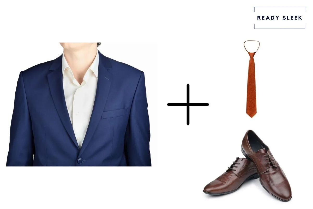 navy blue suit + dark brown dress shoes + marmalade orange tie