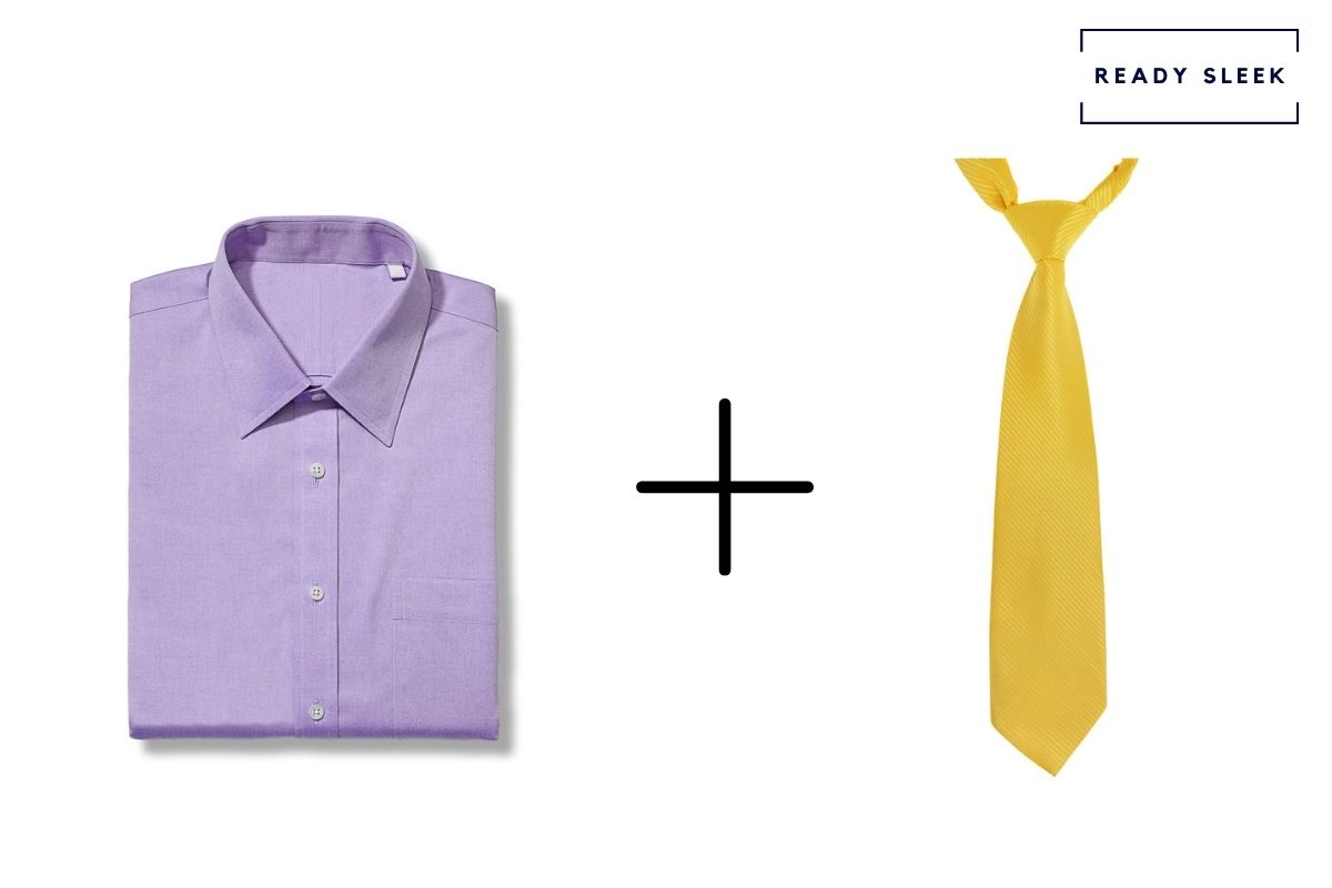 purple shirt with yellow tie