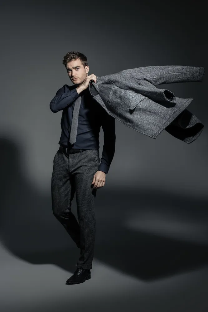 black shirt with grey pants grey tie