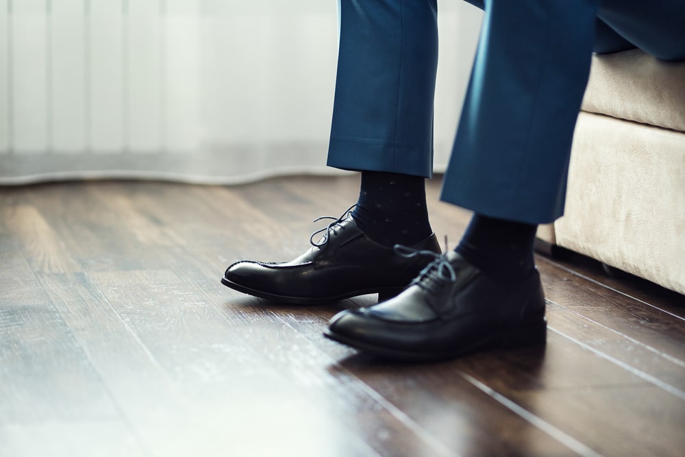 black socks black shoes navy pants