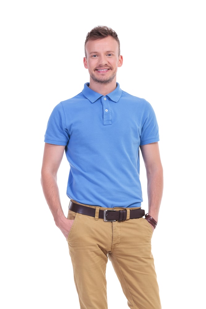 blue polo shirt and khakis 