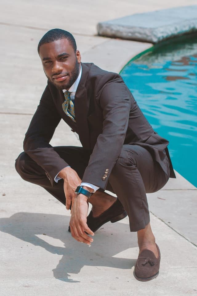 brown suede tassel loafers and casual brown suit