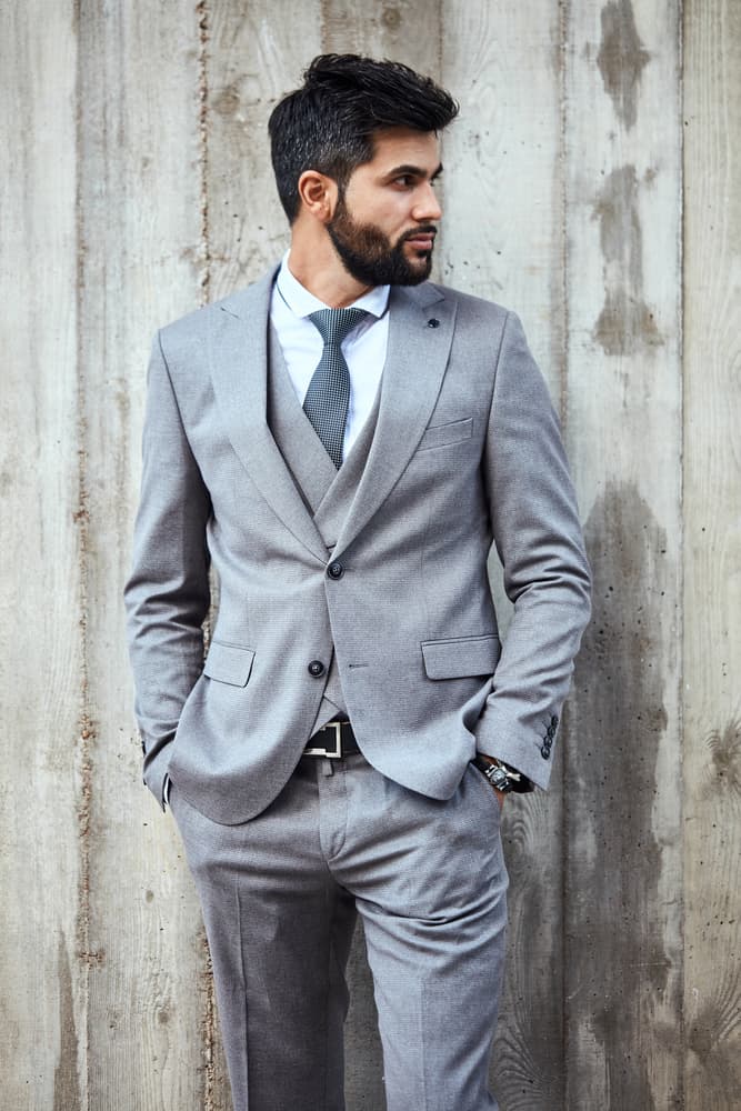 Grey suit deals red shoes