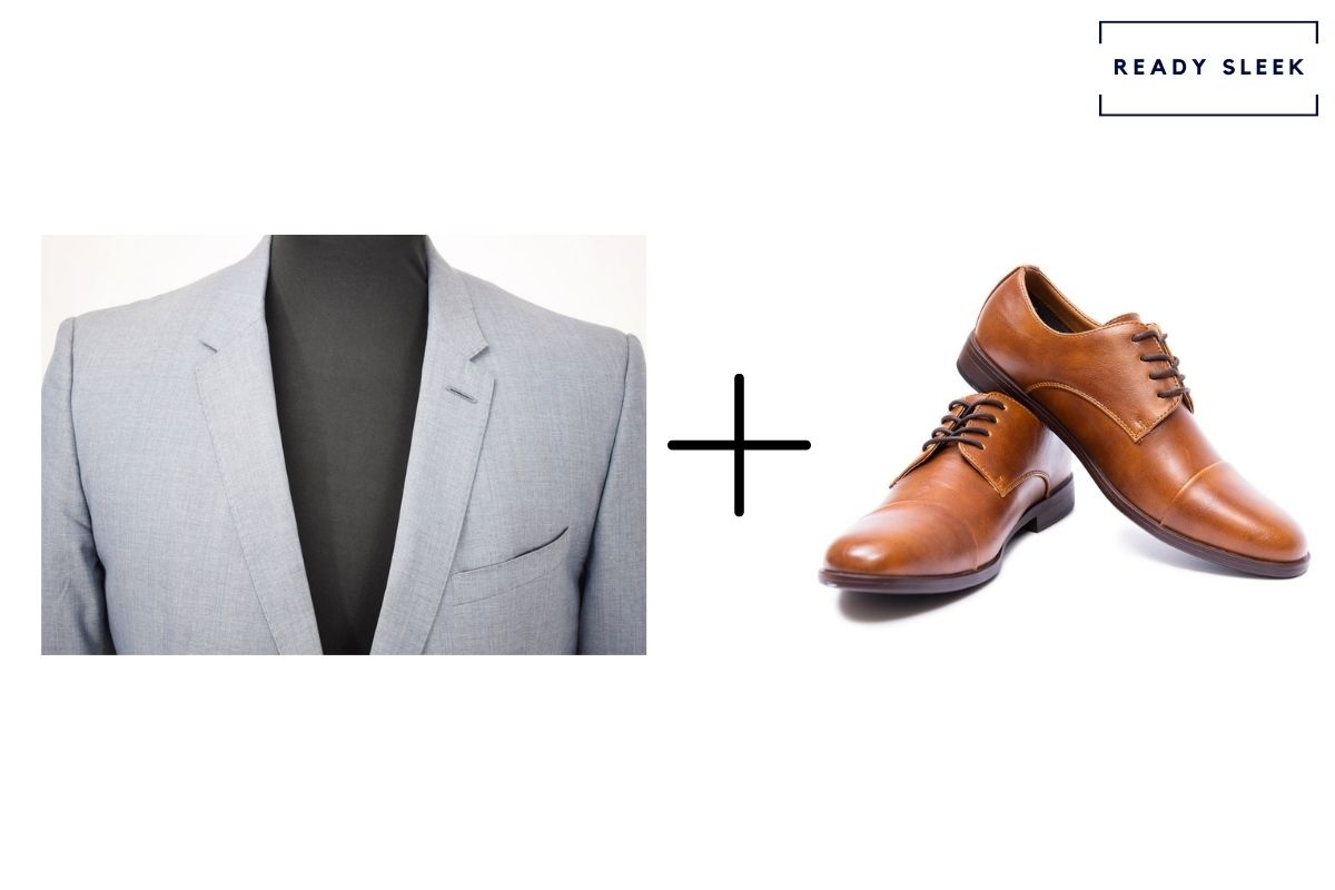 light grey suit with cognac shoes