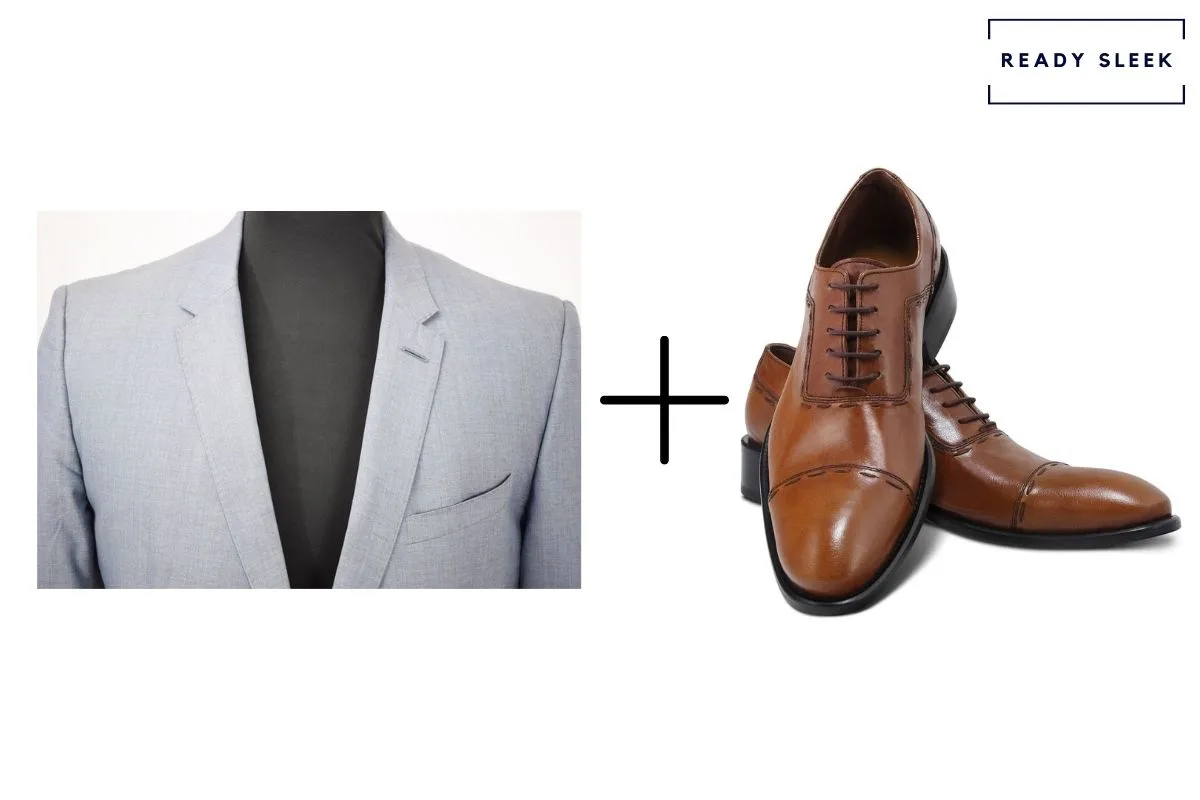 light grey suit with light brown cap toe Oxford shoes