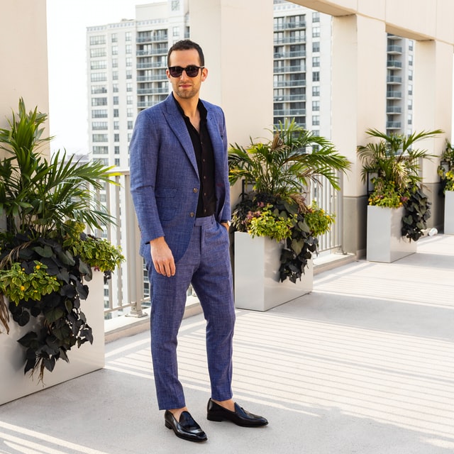 linen blue suit and black shirt