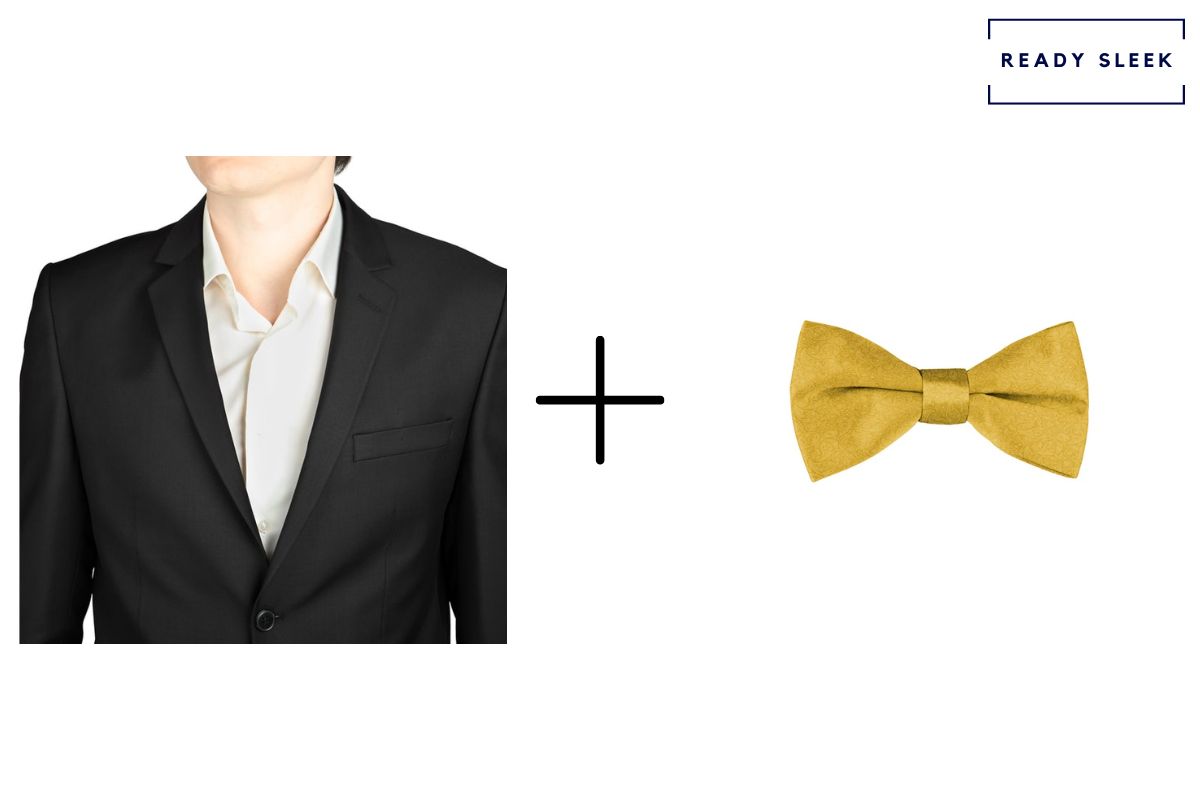 black suit with gold bow tie