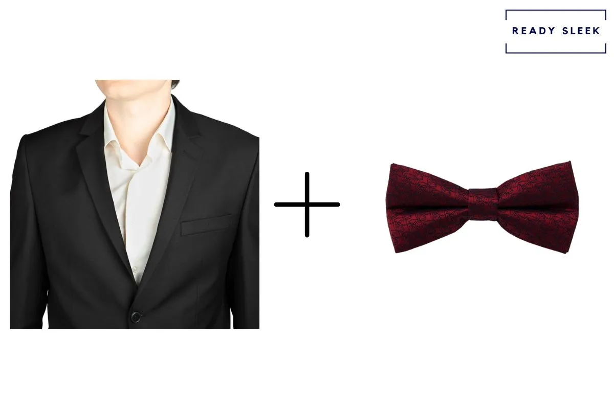 black suit with red bow tie 