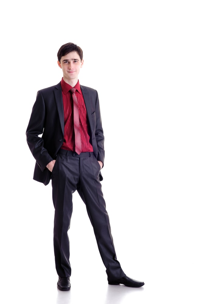 black suit red shirt and red tie