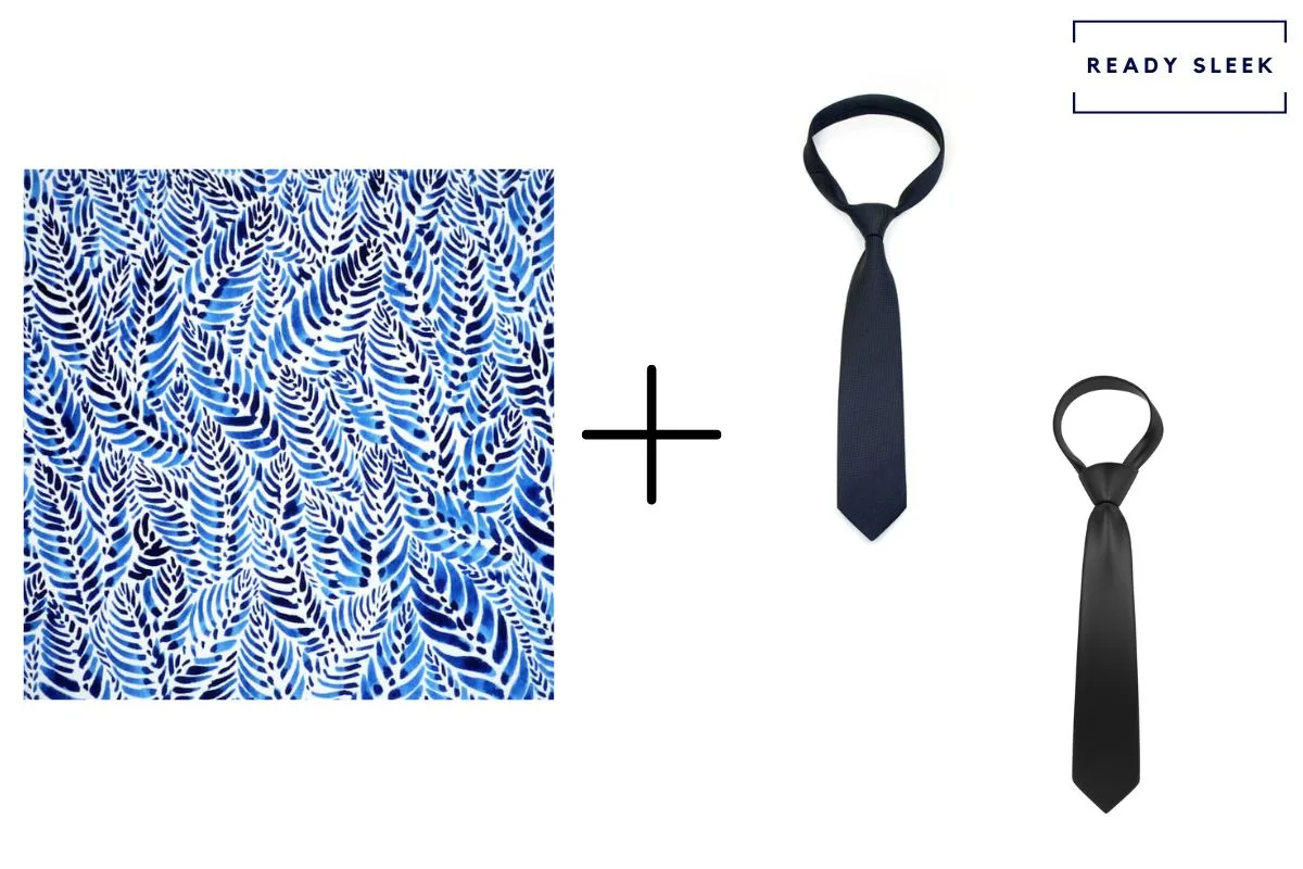 blue floral pattern + navy blue tie + black tie