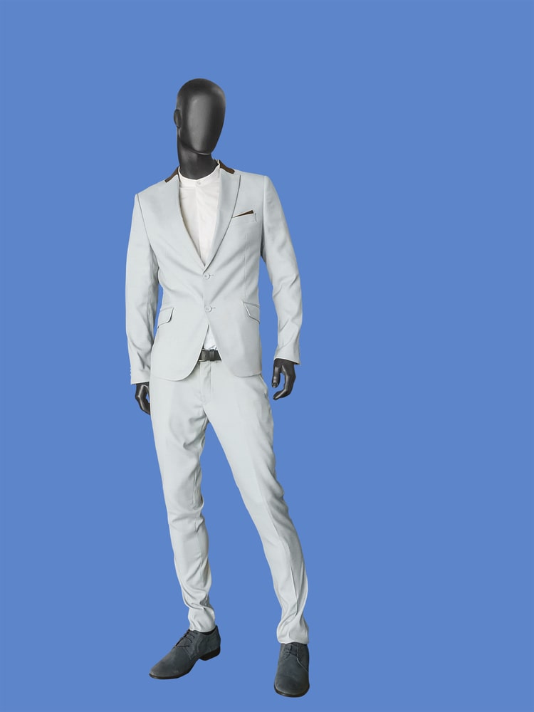  collarless dress shirt with light grey suit