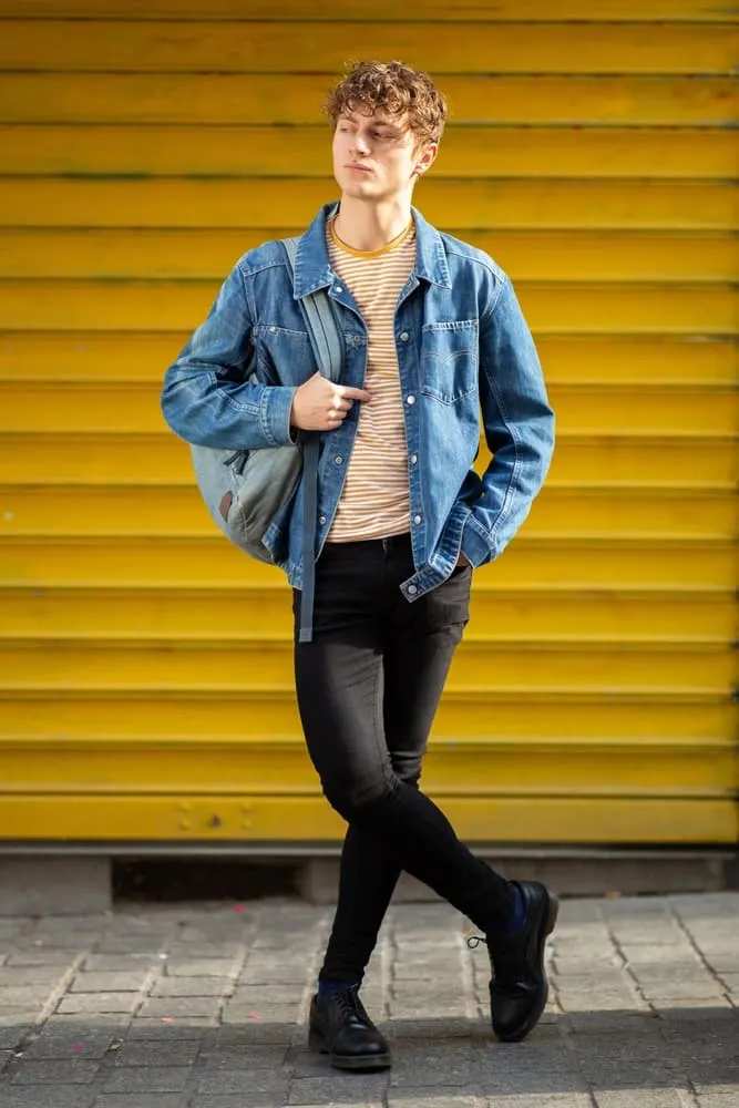 denim jacket with striped t shirt 