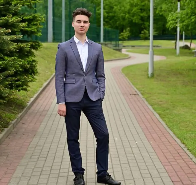 grey blazer white shirt and black pants