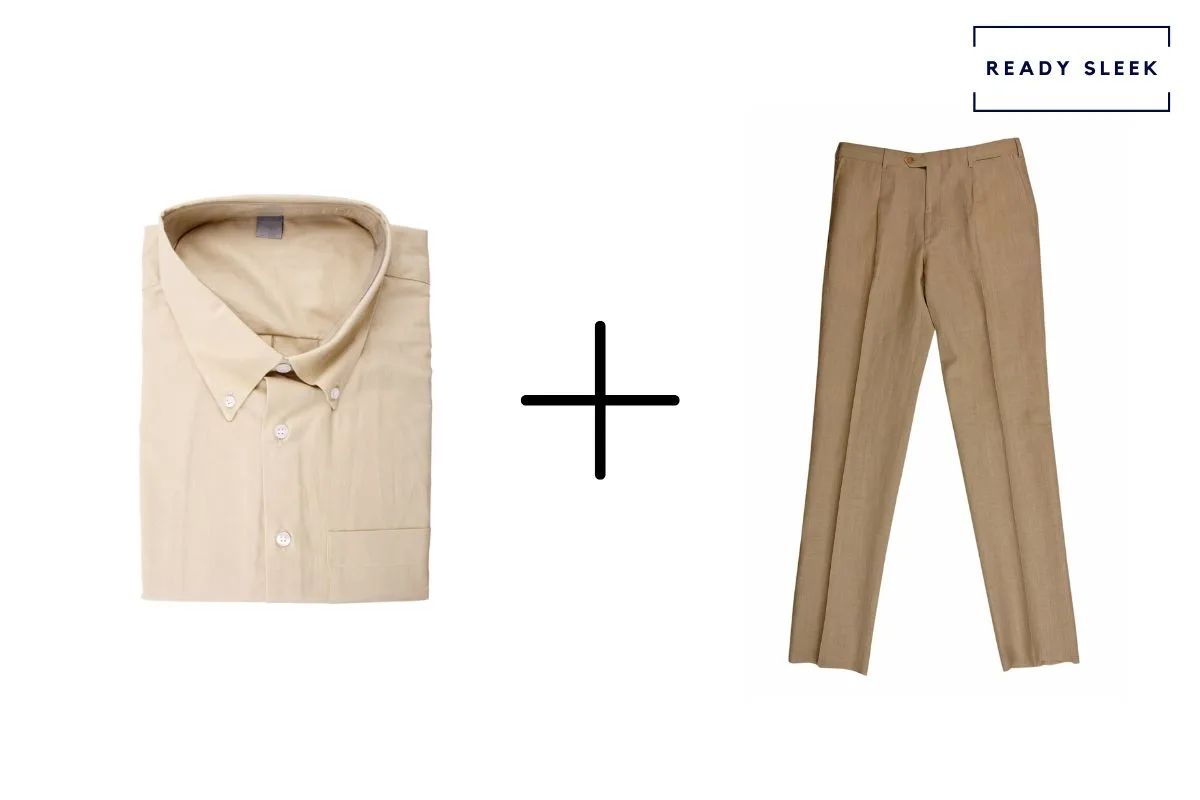 beige shirt + khaki colored pants