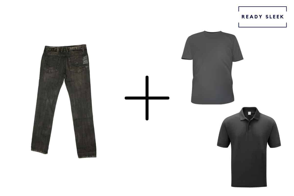 black jeans + black polo shirt + grey t shirt