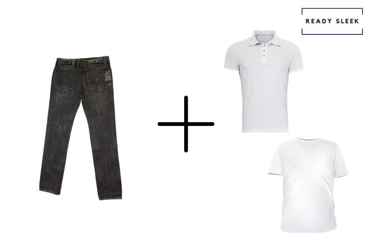 black jeans + white polo shirt + white t shirt