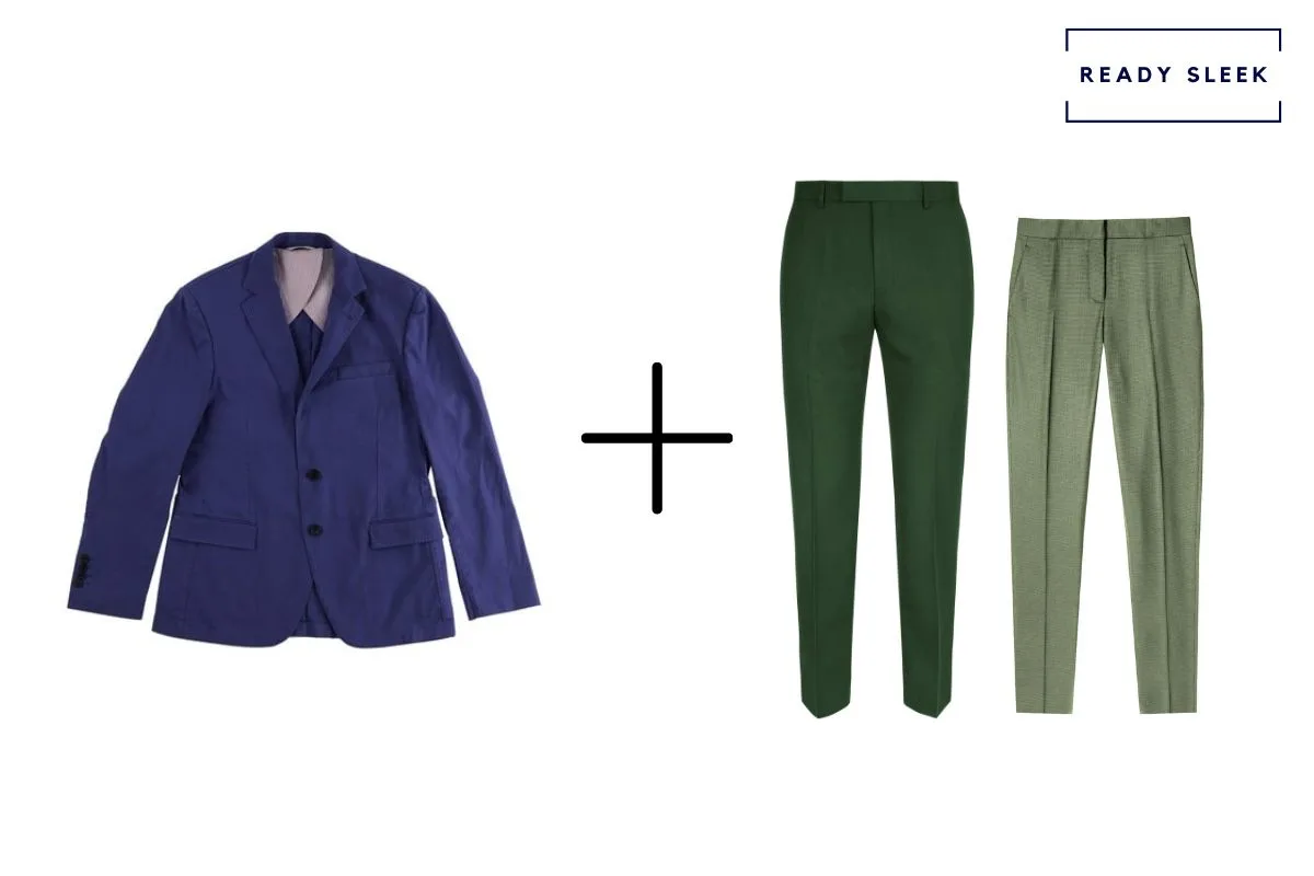 blue blazer + light green pants + dark green pants