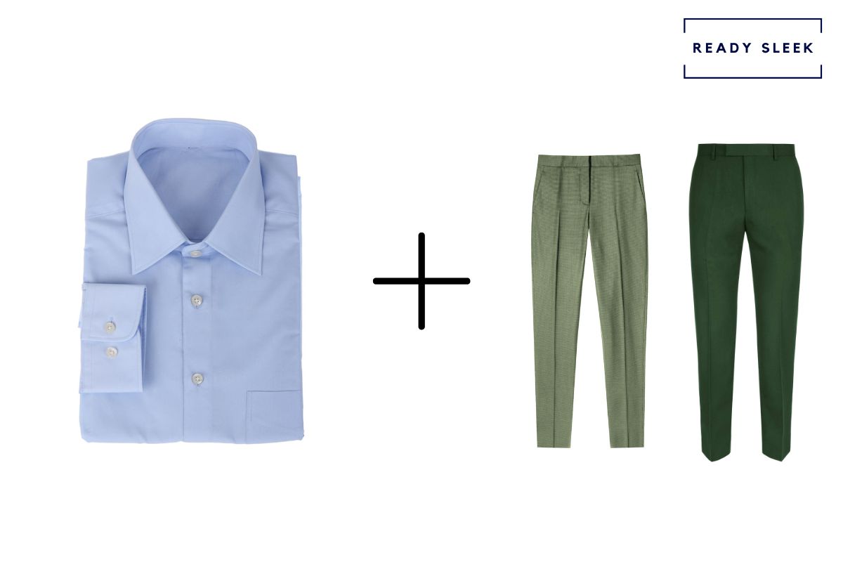 blue shirt + light green pants + dark green pants