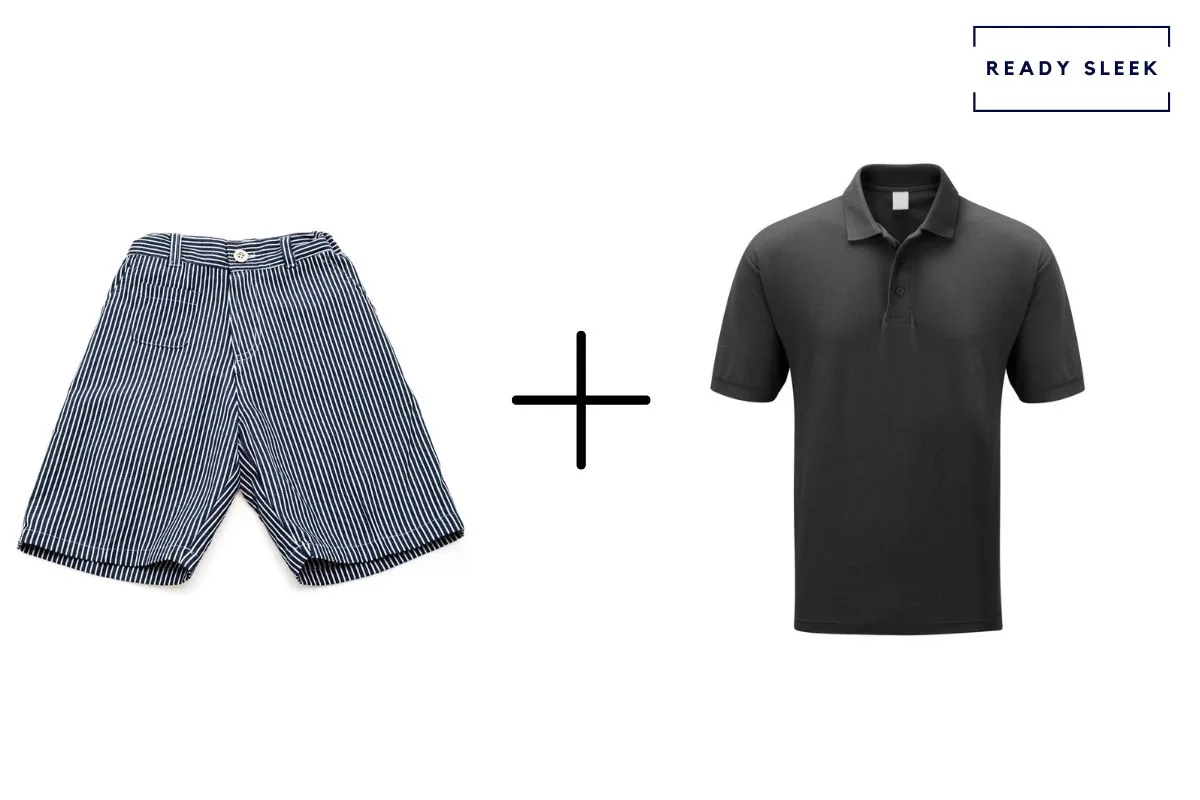 Blue shorts + black polo shirt 
